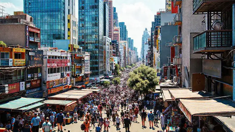 Ciudad vibrante con mucha vida