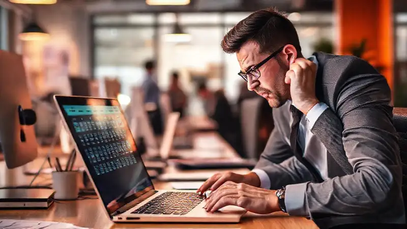 Un ejecutivo estresado trabaja en oficina