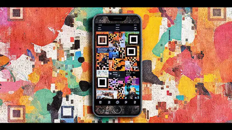 Pantalla de smartphone con collage digital vibrante