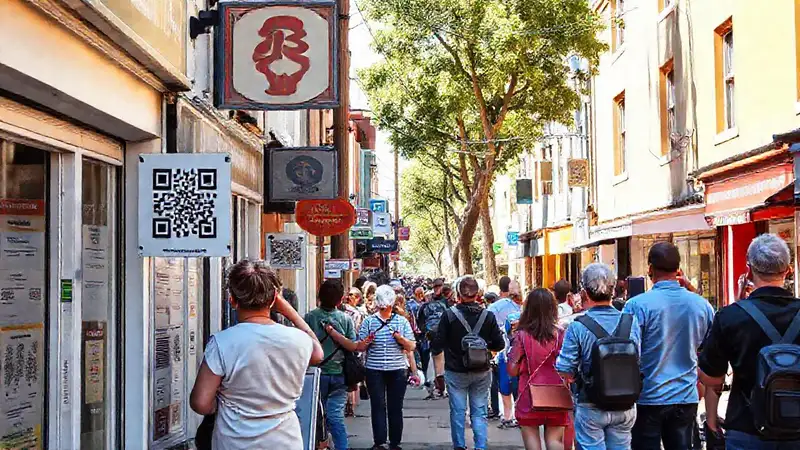 Pueblo con códigos QR y gente