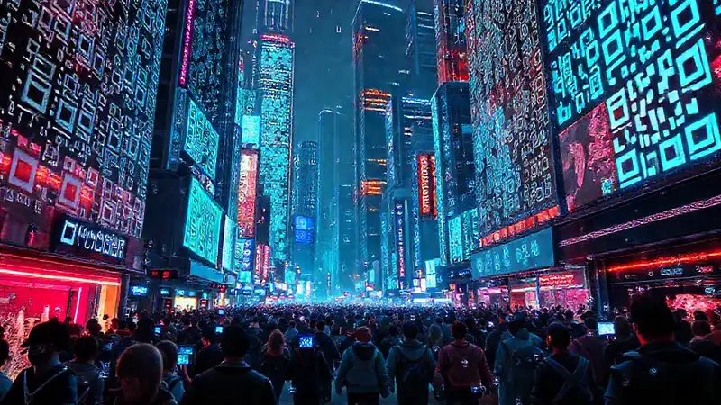 Ciudad futurista con códigos QR brillantes