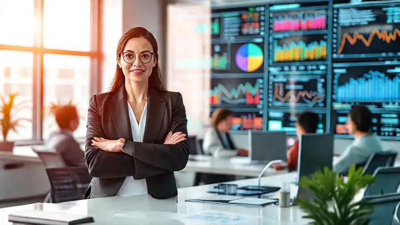 Mujer exitosa analiza datos en oficina