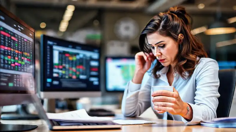 Una ejecutiva estresada trabaja en un caos vibrante