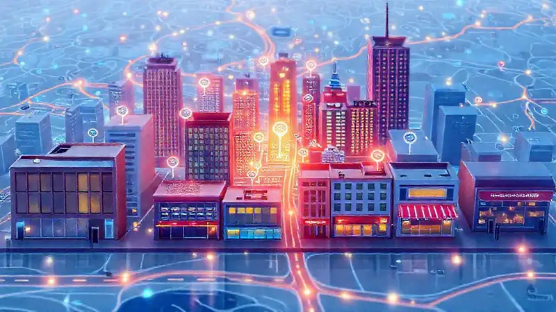 Mapa digital muestra negocios y transporte