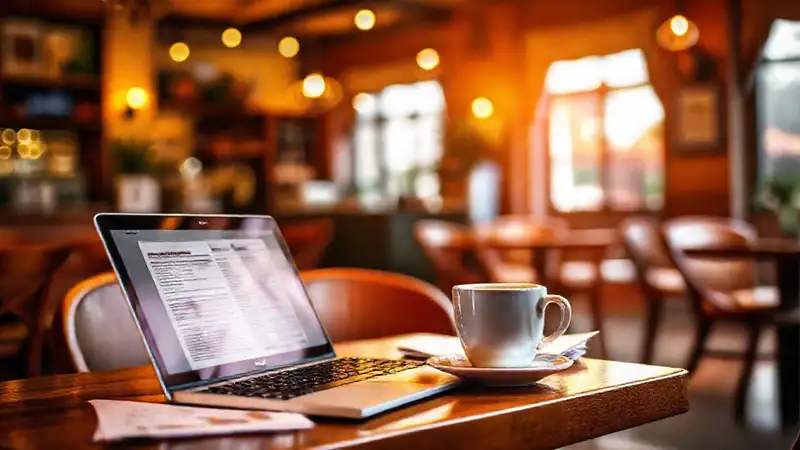 Café acogedor y trabajo digital vibrante