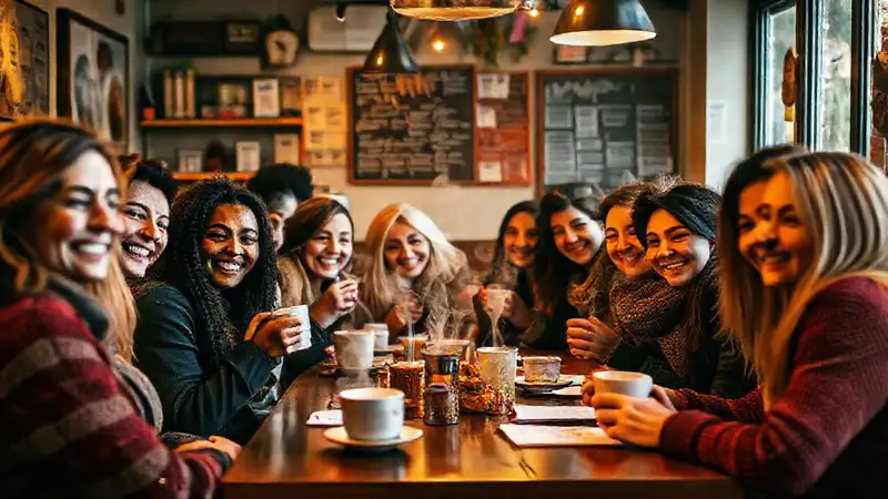 Amigos felices en un café cálido