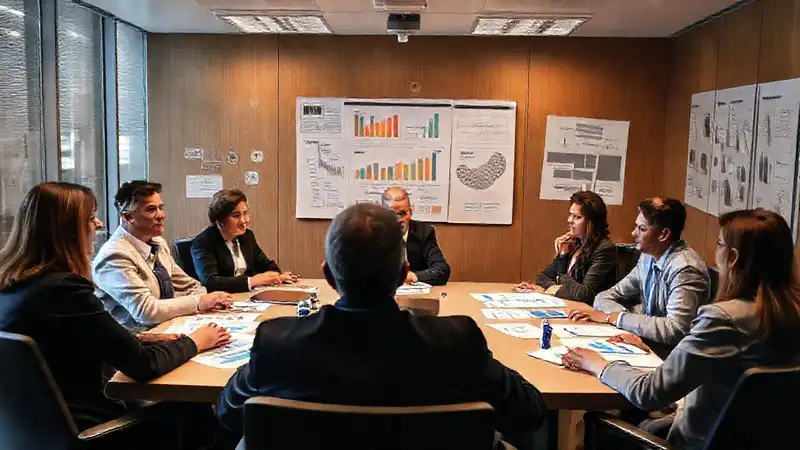 Equipo diverso planifica estratégicamente en calma