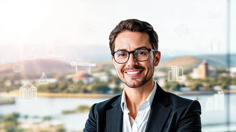 Retrato profesional con elementos legales y locales
