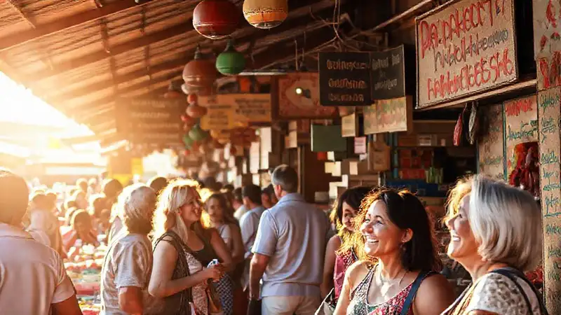 Mercado bullicioso con gente alegre