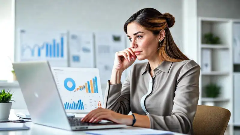 Analista profesional visualiza datos con calma