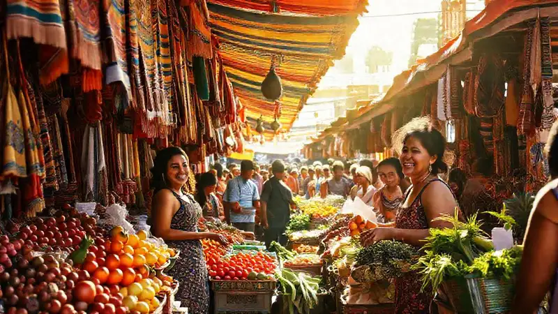 Mercado latinoamericano vibrante y colorido