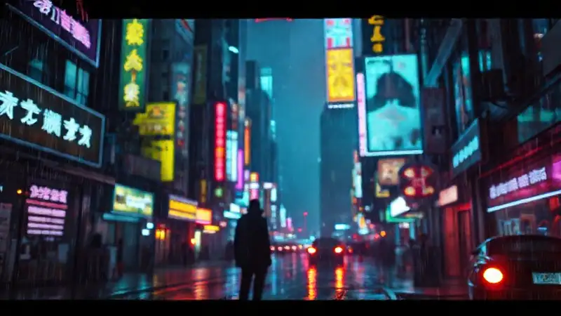 Ciudad cyberpunk vibrante y melancólica