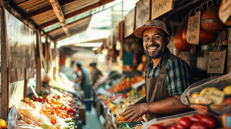 Mercado pintoresco, vendedor sonriente y cálido