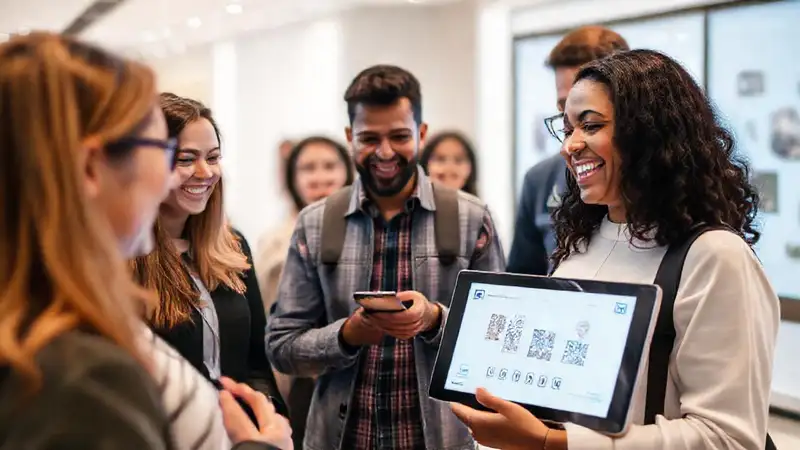 Personas diversas usan códigos QR felices