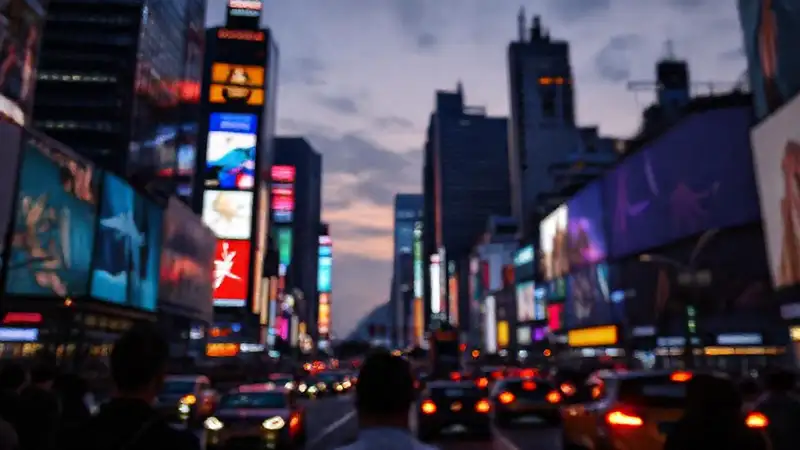 La ciudad vibrante se ilumina al anochecer