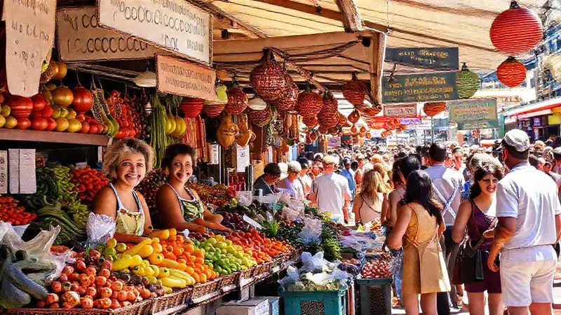 Mercado vibrante con gente sonriente