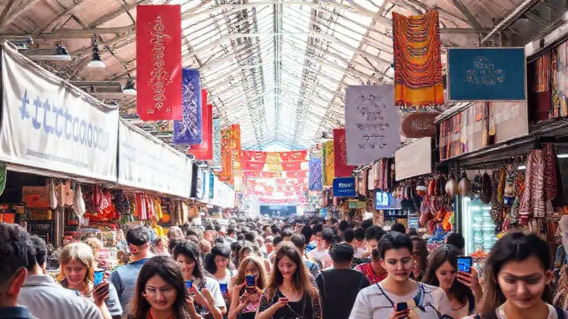 Mercado vibrante y moderno llena de gente