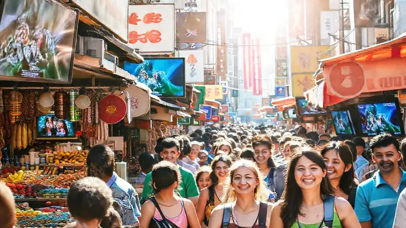 El mercado vibrante y colorido bullía