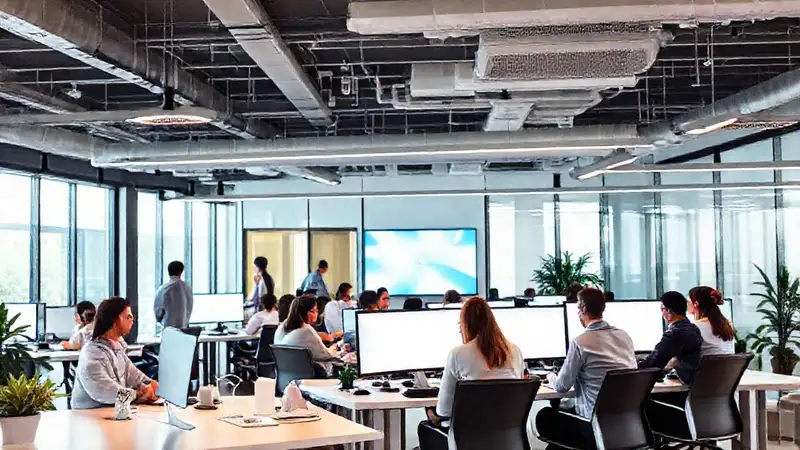 Oficina moderna, equipo diverso y colaborativo