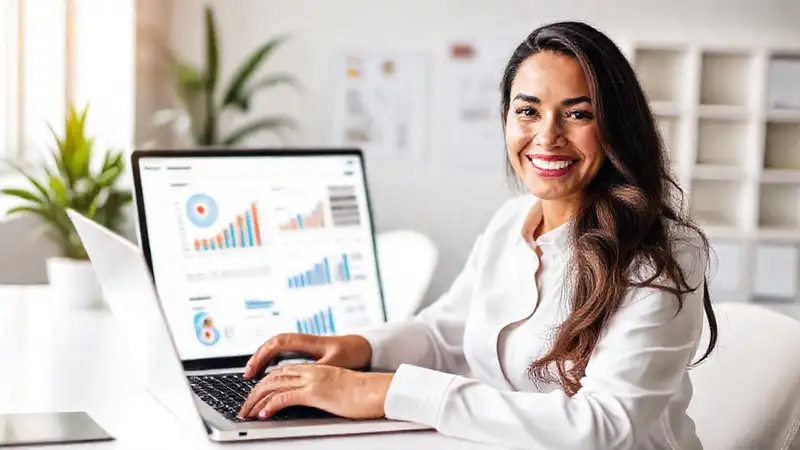 Una mujer profesional revisa feedback con confianza