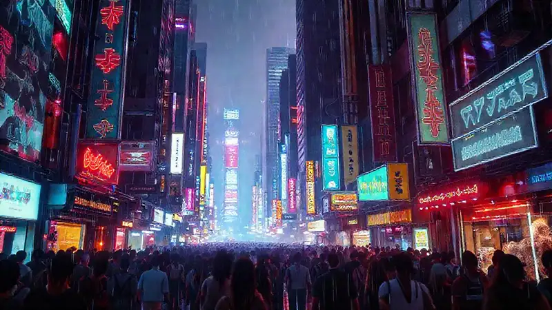 Ciudad cyberpunk reluce con luces digitales
