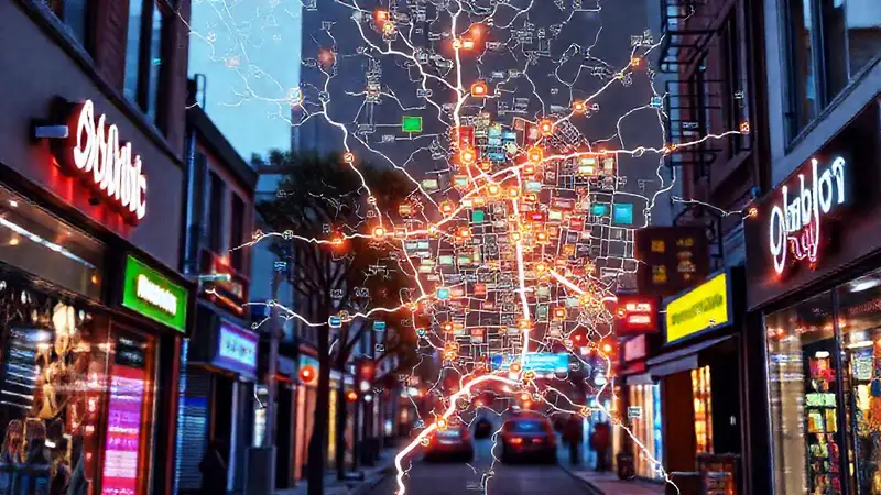 Mapa digital muestra negocios urbanos vibrantes