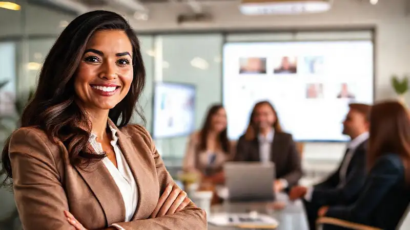 Una empresaria segura presenta con éxito