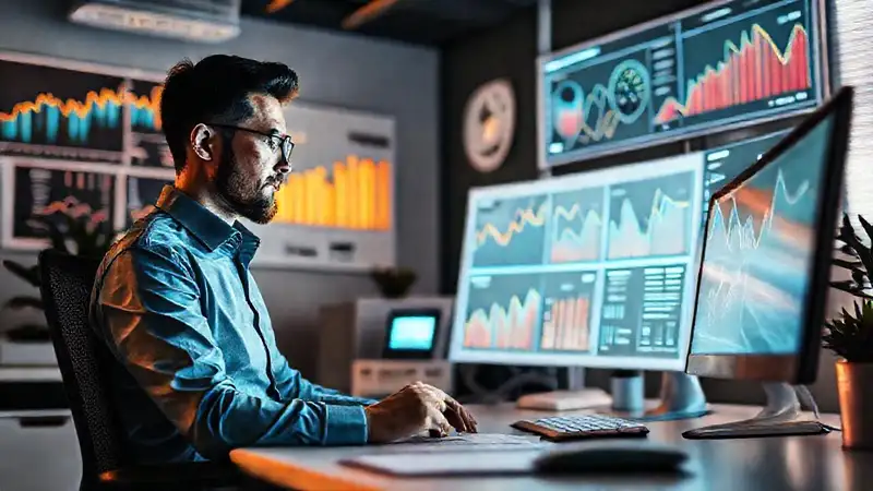 Oficina profesional optimista, datos visualizados digitalmente