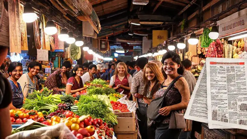 Mercado bullicioso y acogedor con gente feliz