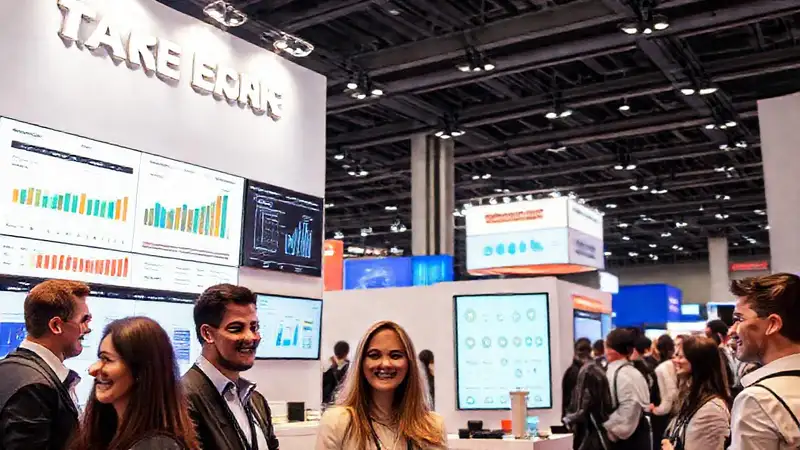 Un stand profesional visualiza datos optimistas