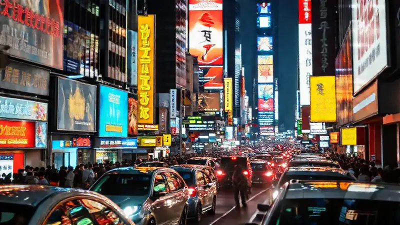 La ciudad bulliciosa exhibe publicidad vibrante